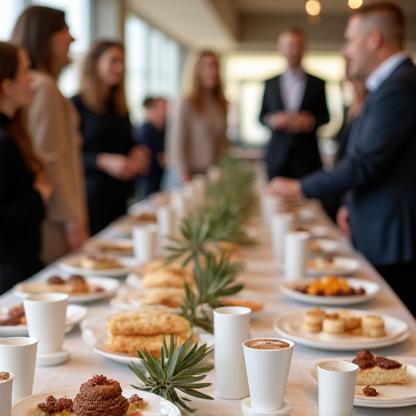 Ofis ortamında kahve ve tatlı catering sunumu
