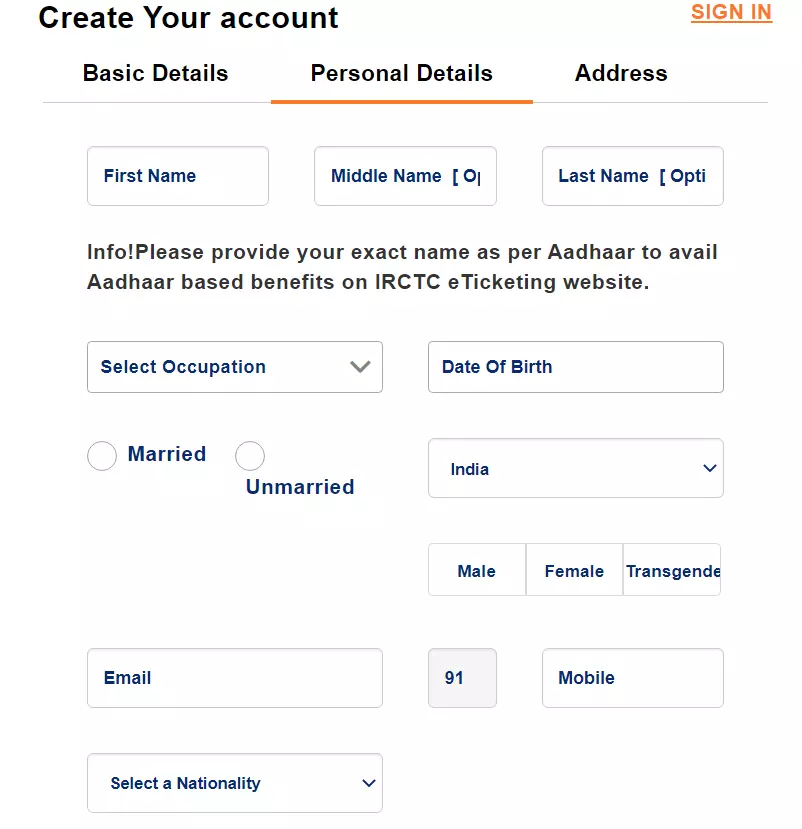 irctc username registration personal details